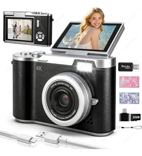 Cámara Digital Beaowink 4k De 48 Mp Con Pantalla Giratoria Para Niños Negro