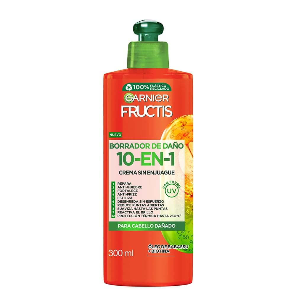 Garnier, Fructis Borrador De Daño, Largo Perfecto, Crema Para Peinar 10 En 1, Sin Enjuague, Sin