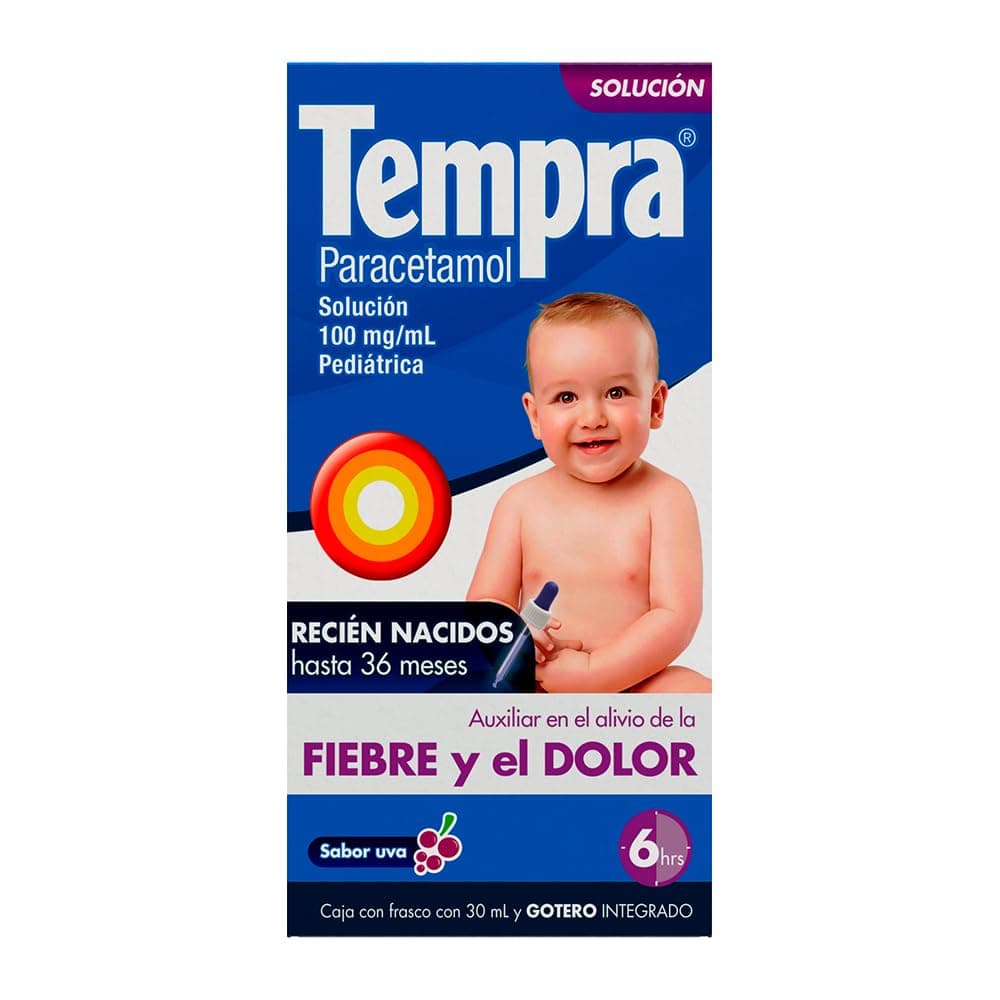 Tempra Solución Pediátrica Fiebre y Dolor Sabor Uva Paracetamol frasco de 30 ml