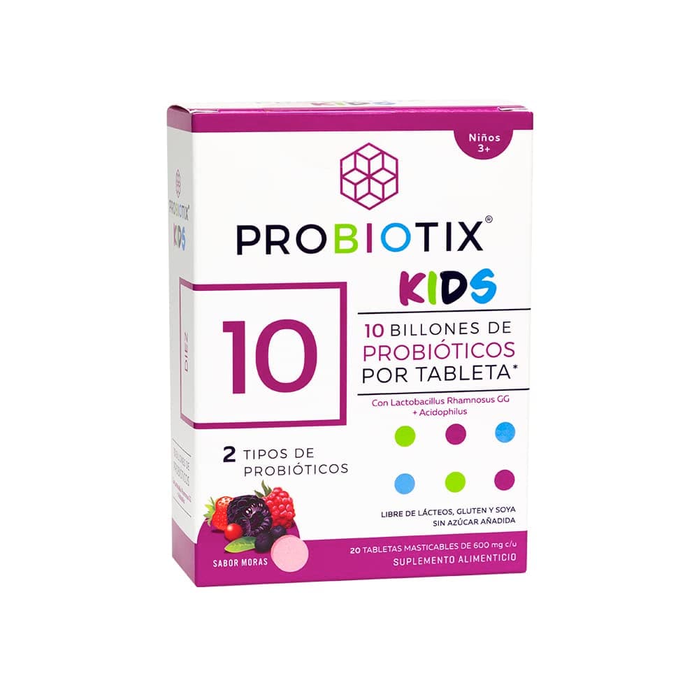PROBIOTIX KIDS, 10 Billones de Probióticos, Tabletas Masticables Sabor Moras, Equilibra el Sistema