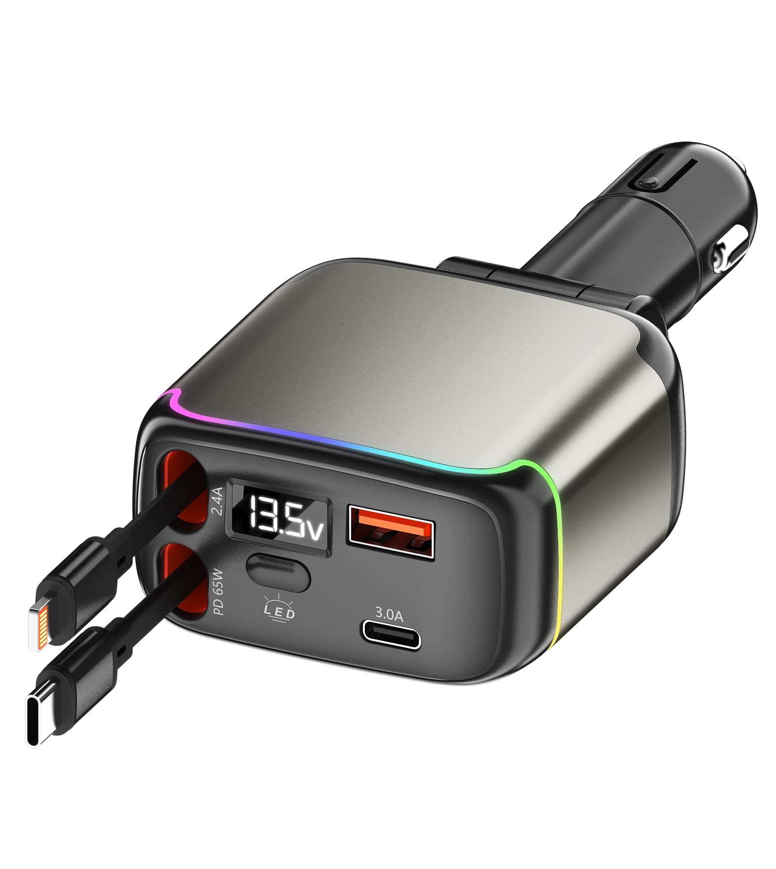 137W Cargador para Auto con 2 (90cm) Cables,Cargador de Coche USB 4 en 1