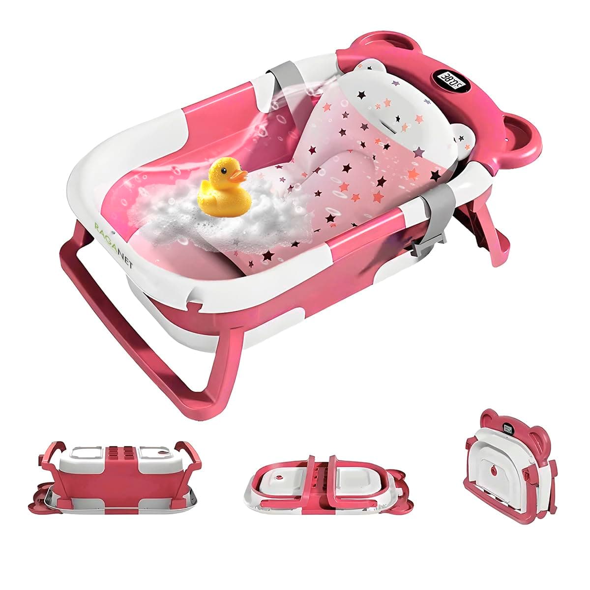 Raganet, Tina de Baño Plegable para Bebés, Diseño Portátil, Base Antideslizante, Tapón de Drenaje