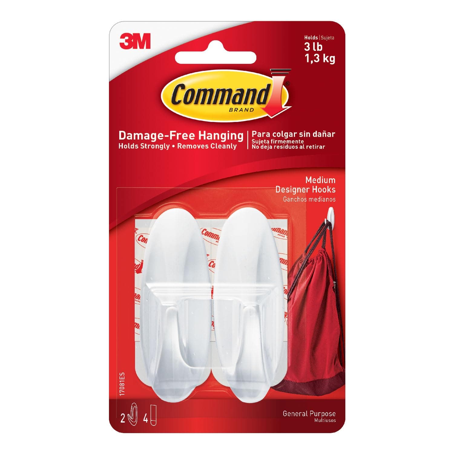 COMMAND 3M Gancho Adhesivo Removible de Plástico Mediano Blanco 2 piezas