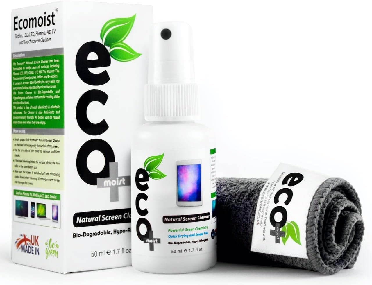 Ecomoist Limpiador de pantallas de 50 ml toallas de microfibra de 20 x 20 cm Limpieza ecológica