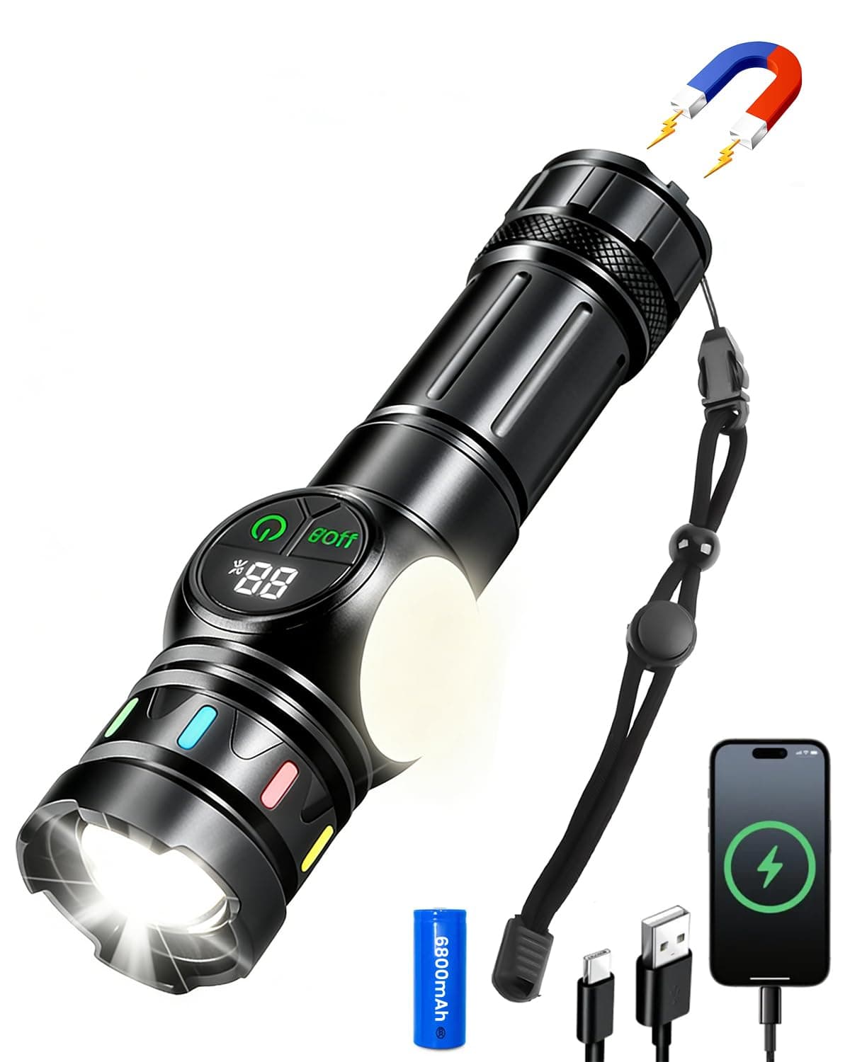 Linterna Led Recargable, 1800 Lúmenes, 9 Modos, Entrada y Salida USB-C
