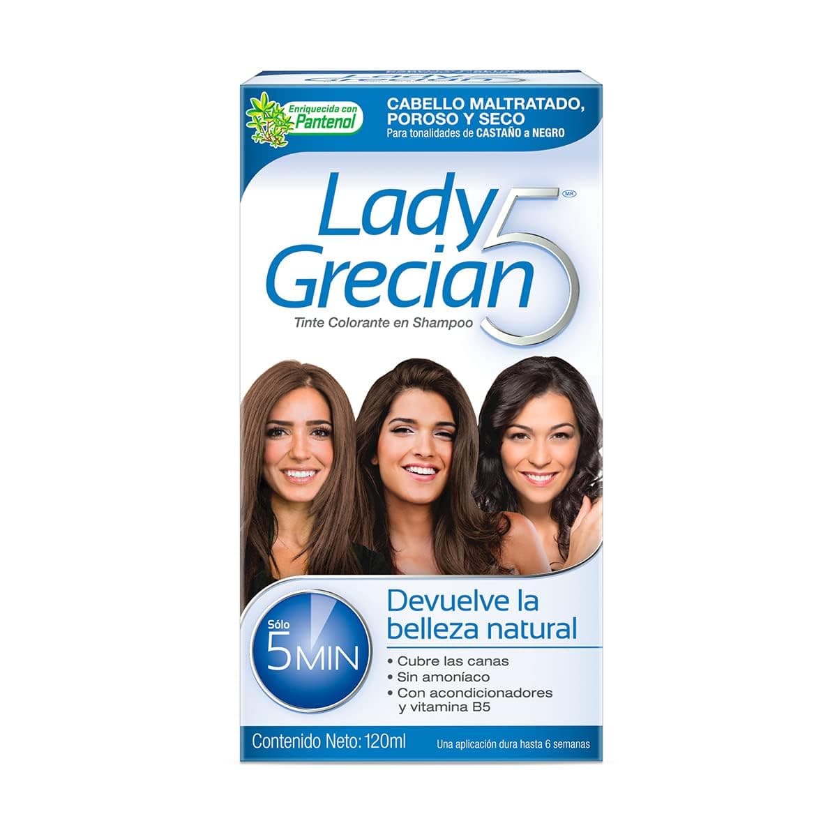 Grecian, Lady Grecian 5, Tinte Colorante en Shampoo, Cubre las Canas, Sin Amoniaco, para Cabello