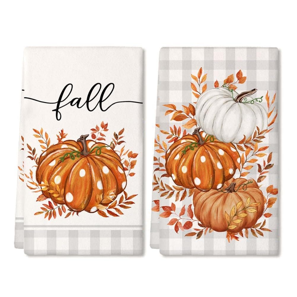 Xeodaun 2 piezas de toallas de cocina de otoño Juego de 2 toallas naranja calabaza gris a cuadros