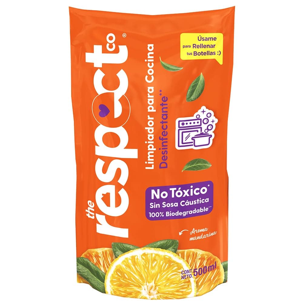 The Respect Co Limpiador, Desinfectante y Desengrasante de Cocina 500ml Aroma Mandarina No Tóxico