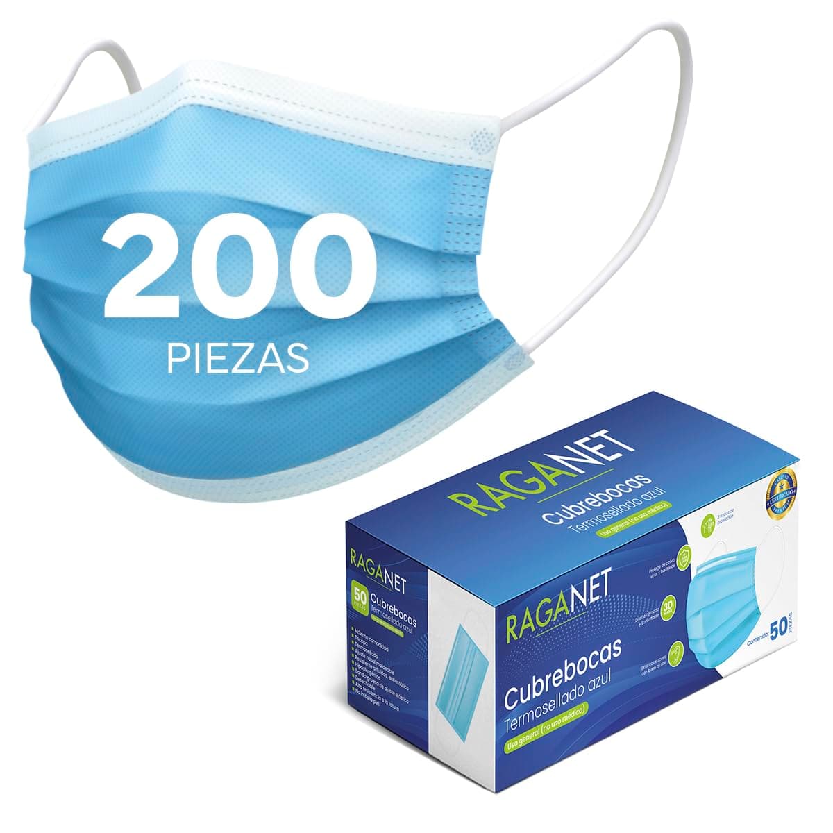 Raganet, 200 Cubrebocas Tricapa Termosellado Calidad Premium, COLOR AZUL, Mascarilla Desechable