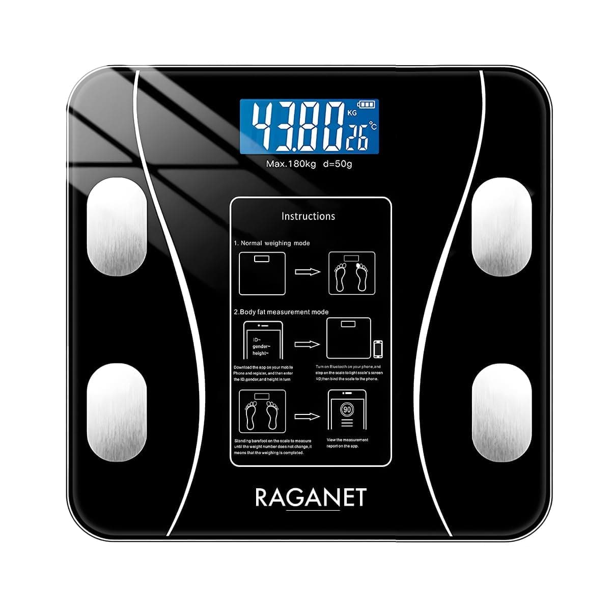 Raganet, Báscula Electrónica Bluetooth, Digital e Inteligente, Para Medir Peso, Grasa Corporal y