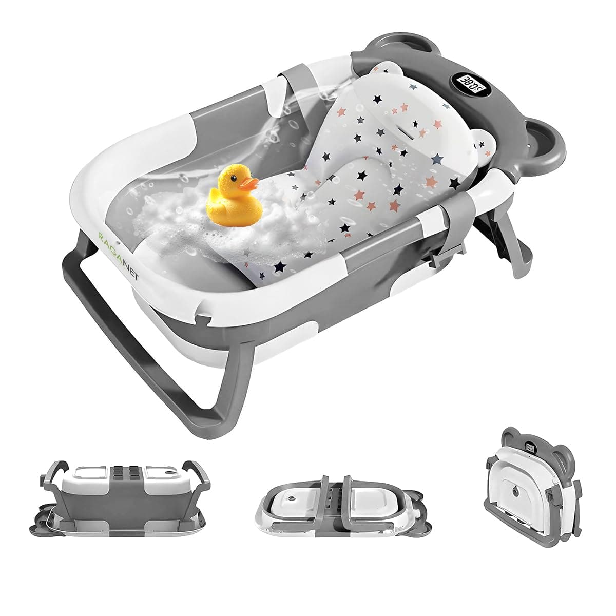 Raganet, Tina de Baño Plegable para Bebés, Diseño Portátil, Base Antideslizante, Tapón de Drenaje