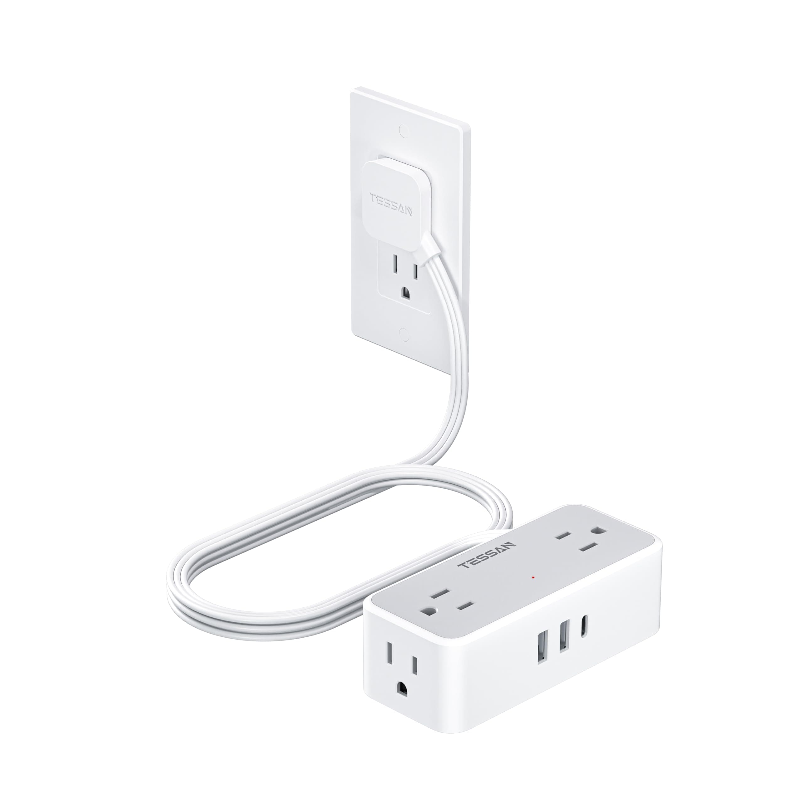 TESSAN Extension Electrica Plana Multicontacto 1.5 M 4 CA y 3 USB Gris