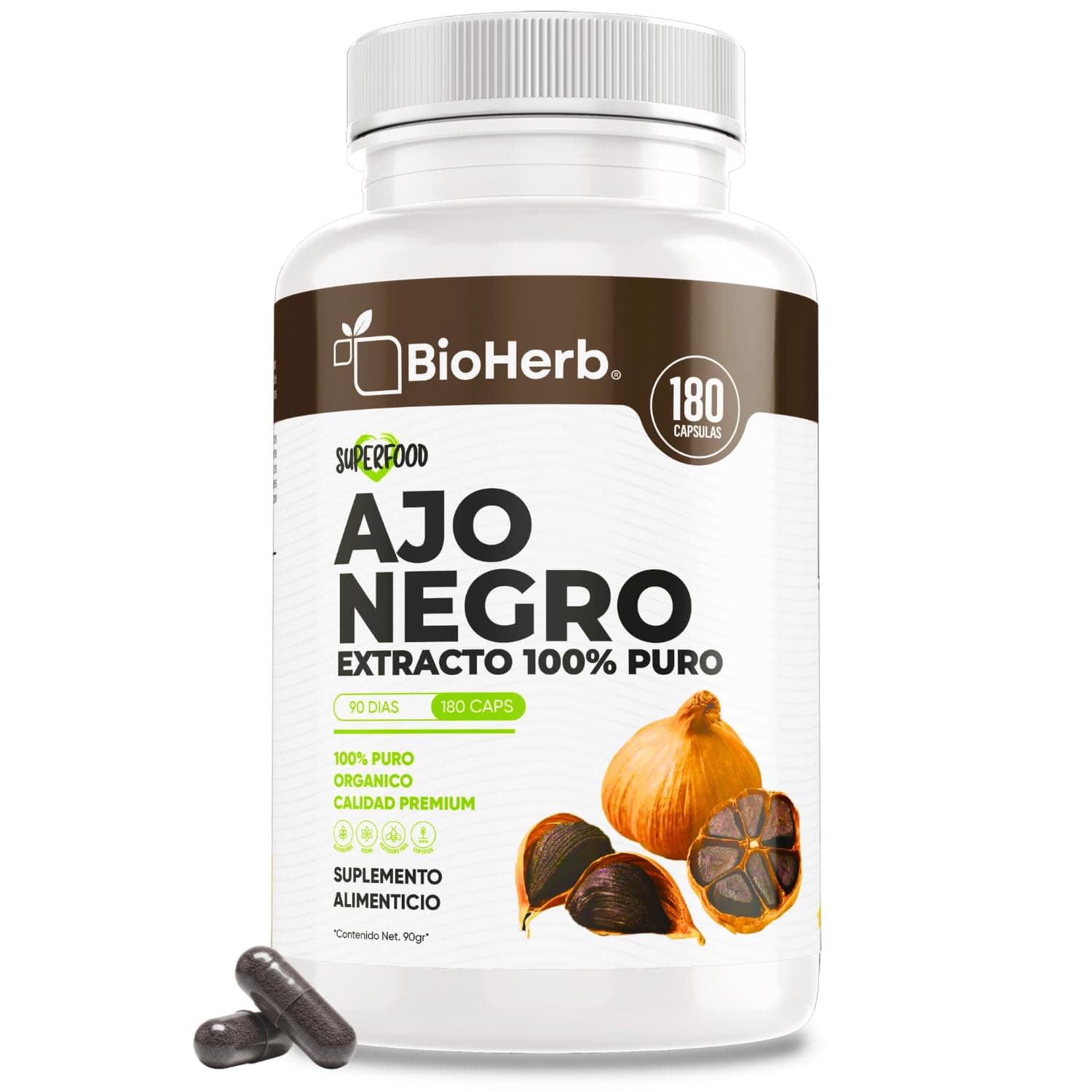 BioHerb® | Ajo Negro 100% Puro en Cápsulas | 180 Cápsulas | Suministro para 90 Días | Calidad