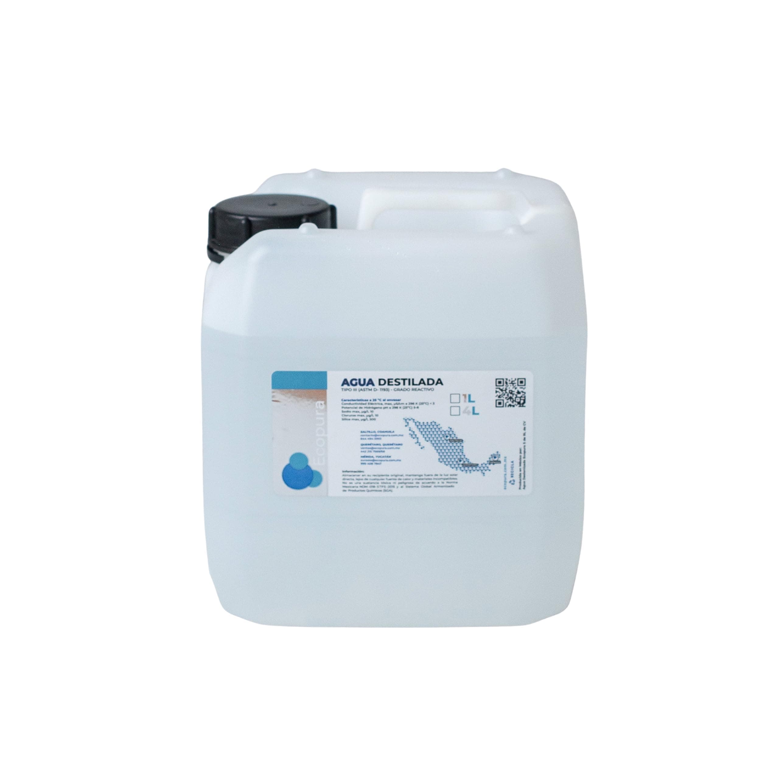 Agua destilada desionizada en garrafa de 4 litros, calidad certificada marca ECOPURA