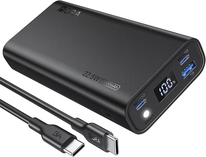 1 Hora Power Bank 20000mAh, 22.5W Carga Rápida Bateria Portatil, Tipo C Pila Portatil con 3 Puertos USB de 74Wh, Compatible con IP Samsung Xiaomi, con Linterna Incorporado de luz Fuerte, Negro