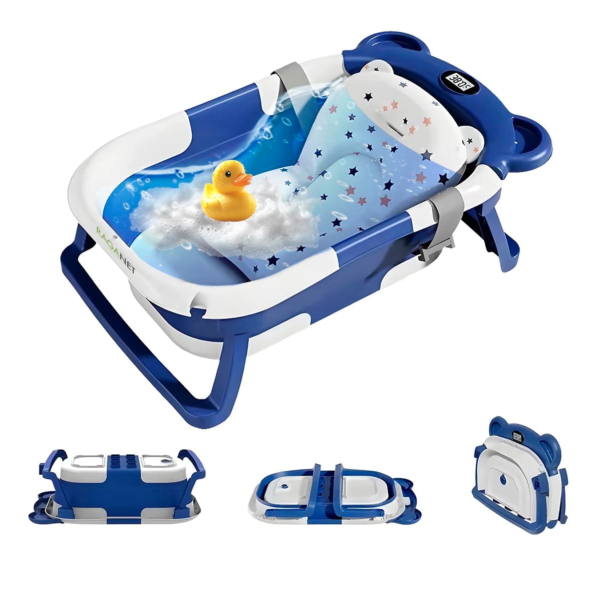 Raganet, Tina de Baño Plegable para Bebés, Diseño Portátil, Base Antideslizante, Tapón de Drenaje