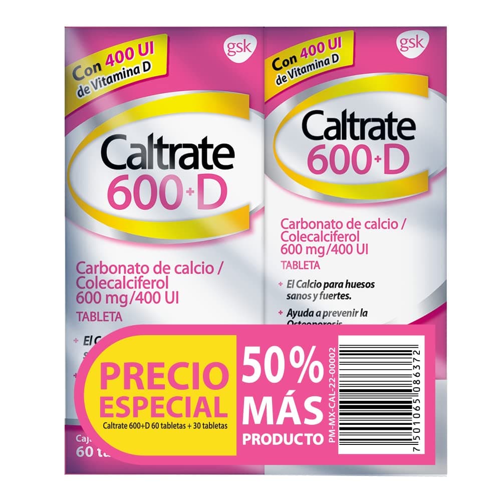 Caltrate Suplemento de Calcio 600 +D 600mg / 400 UI 2 Pack de 60 tabletas + 30 tabletas