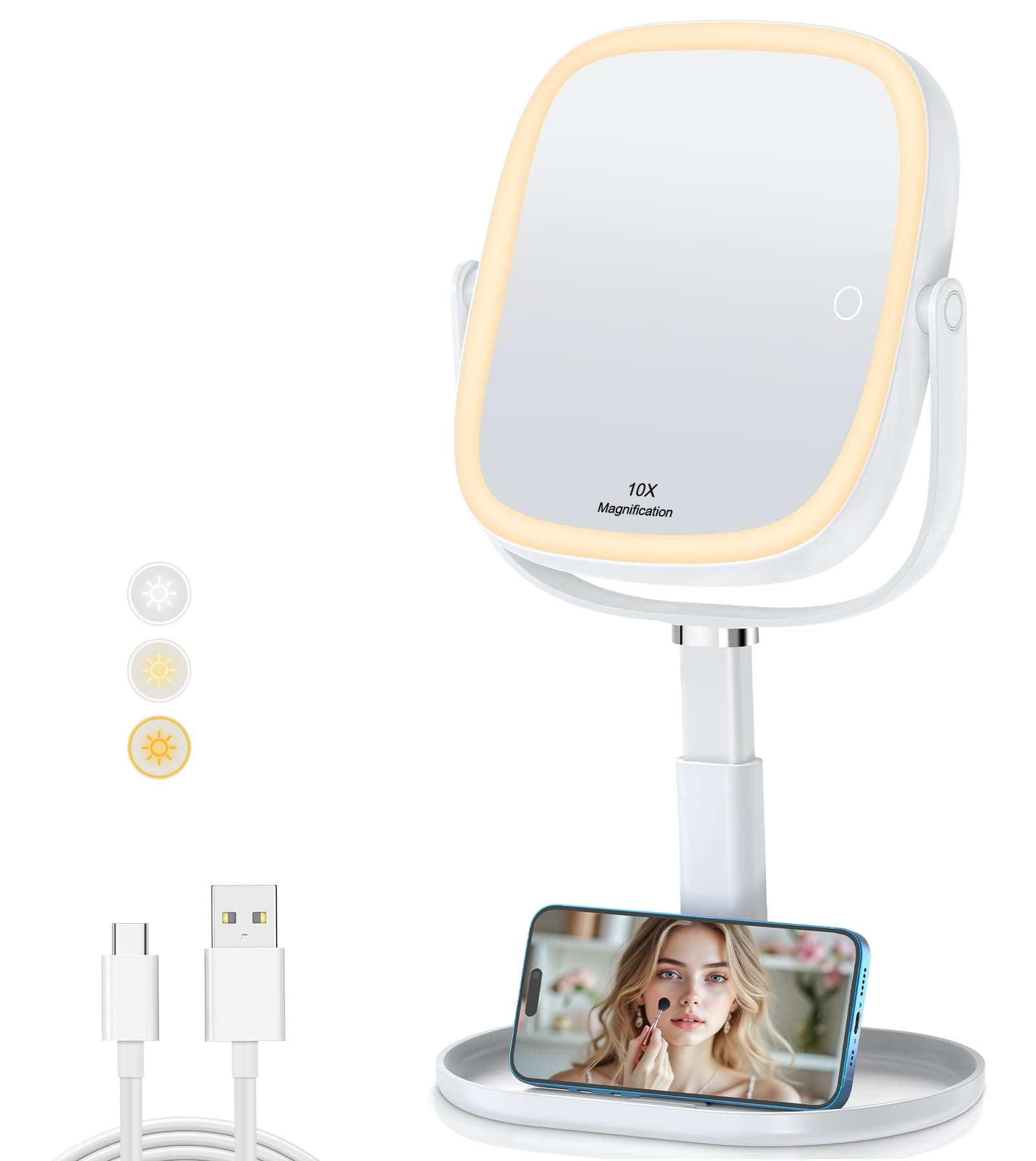 XXZU Espejo con luz para Maquillaje Recargable de 3000mAh，Aumento de 1X/10X