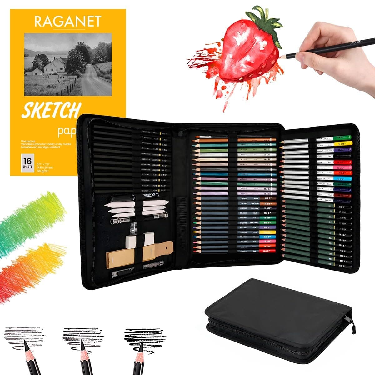 Raganet, Set de Dibujo y Pintura 72 Piezas, Lápices de Colores, Acuarela, Grafito, Carbón y