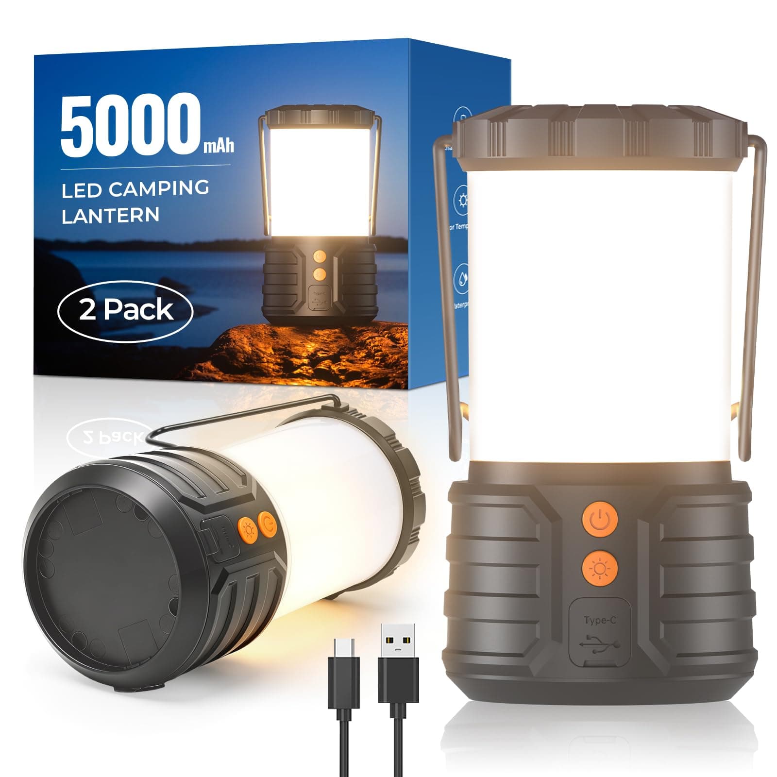 2 Paquete 5000mAh Lampara Camping Recargable con 3 Temperaturas de Color