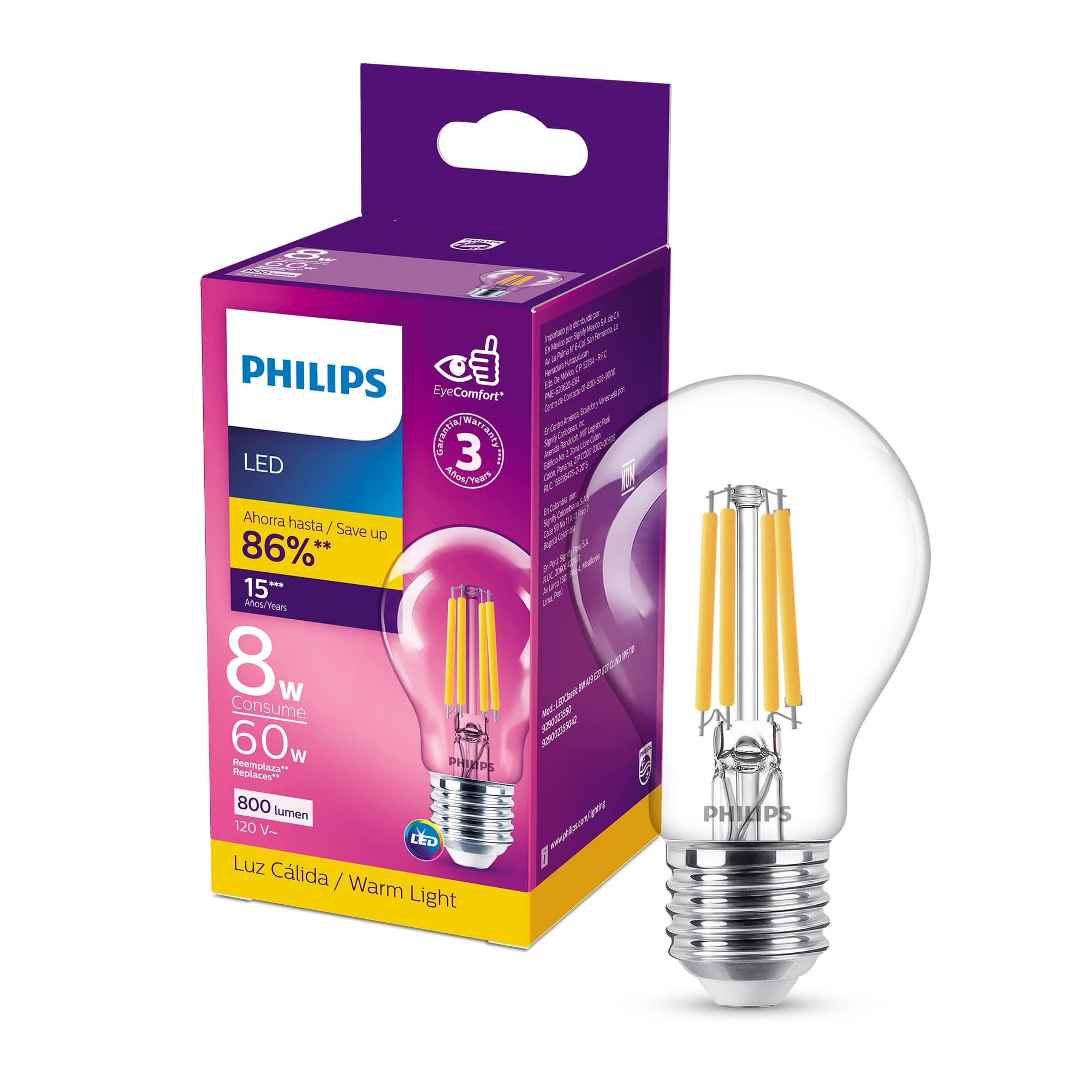 Philips Foco LED Filamento A19 base E27 luz cálida