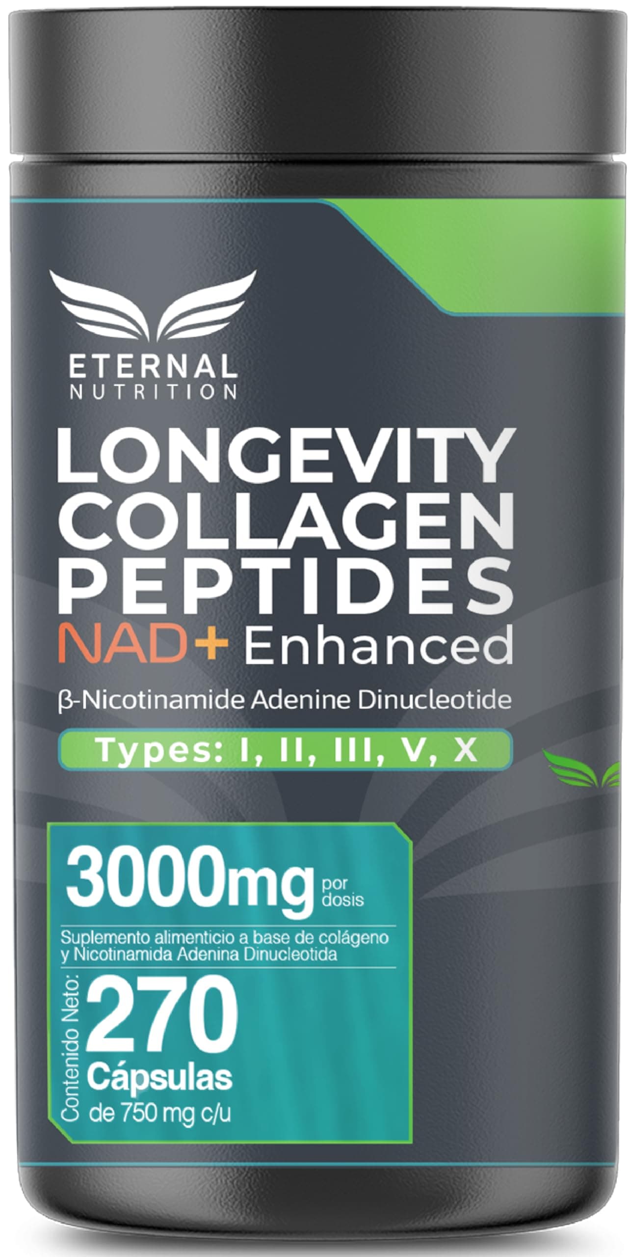 ETERNAL NUTRITION Longevity: Colágeno Hidrolizado Bovino + NAD+ (270 Caps)