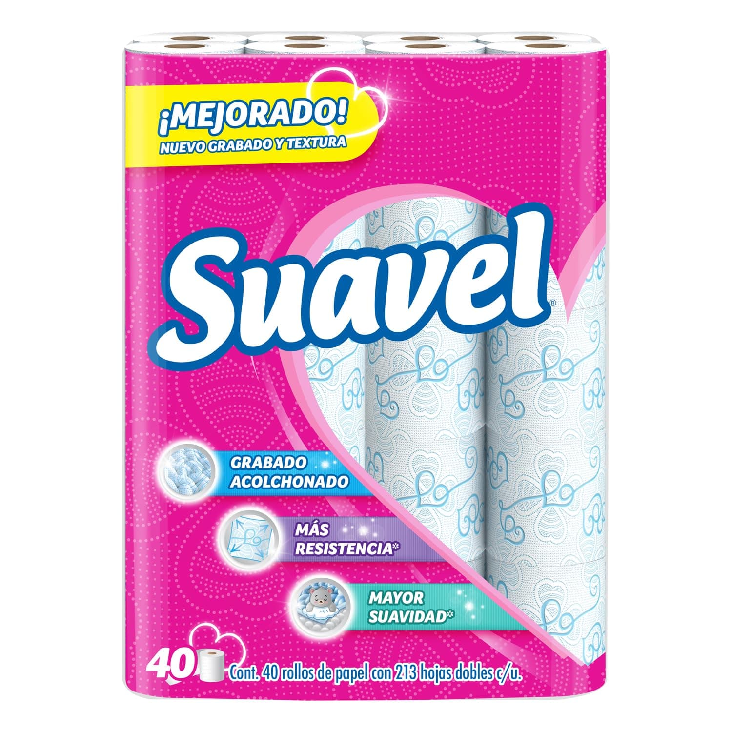 Suavel Papel Higiénico, 40 rollos con 213 hojas dobles, con Textura de Colores y Aroma Agradable