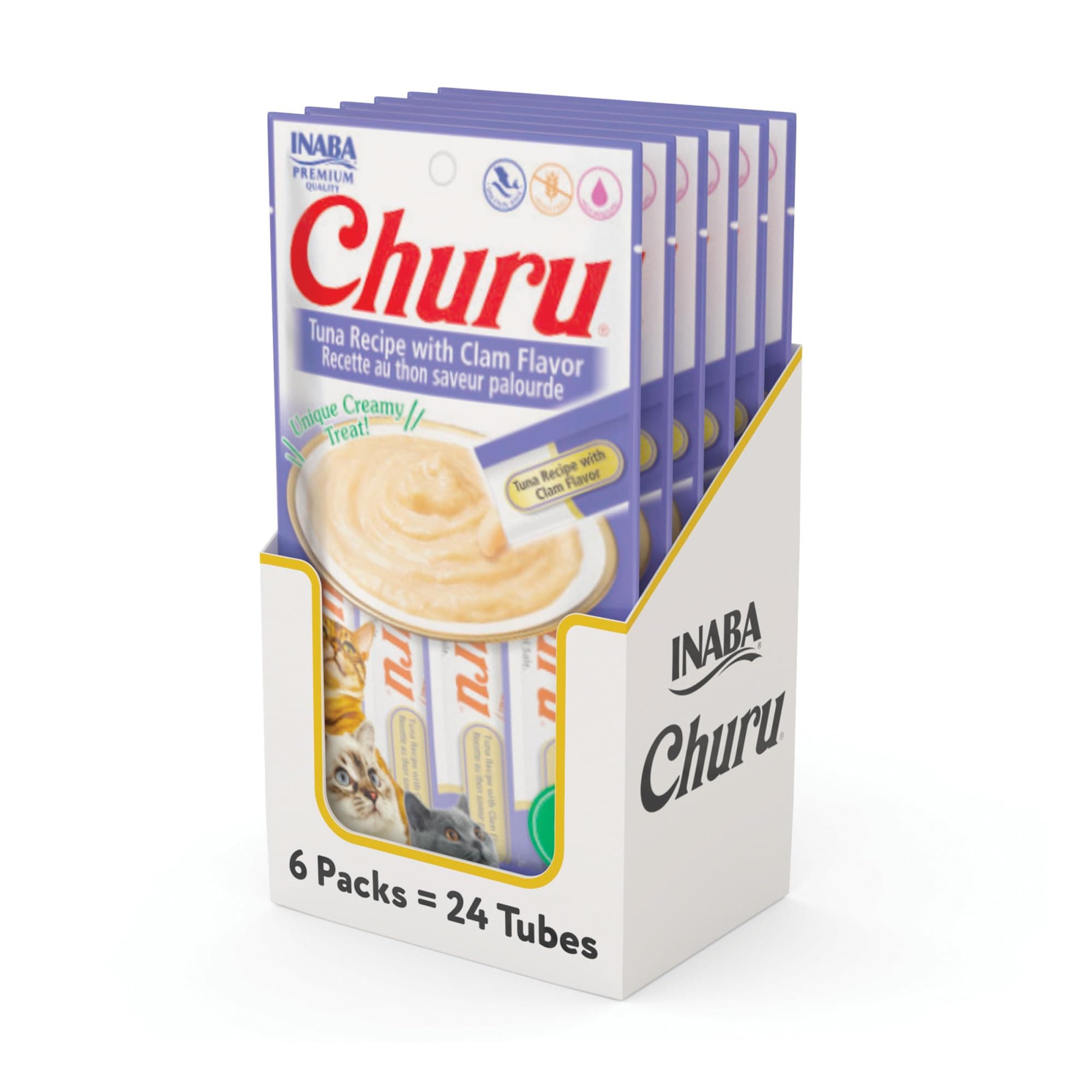 Churu Inaba, Premios Cremosos para Gato, Sabor Atún y Almeja, Bajo en Calorías, 24 Tubos de 14g