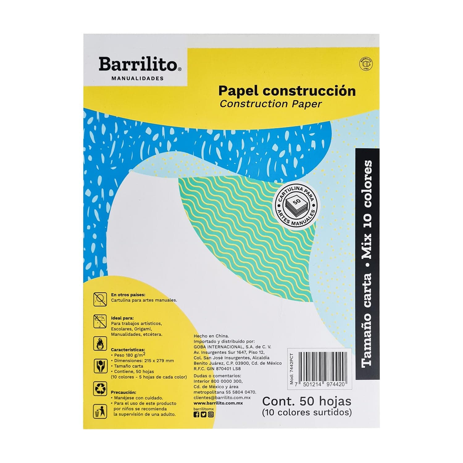 Barrilito Block papel construcción carta Mix de 10 colores