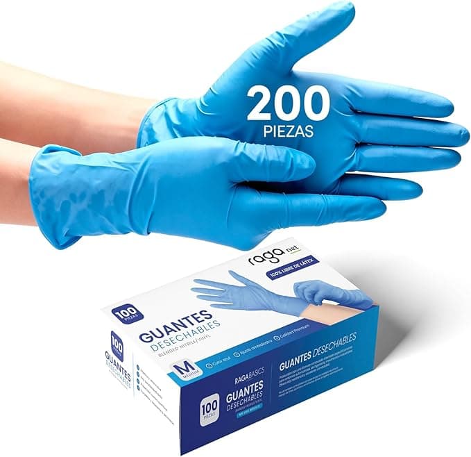 Raganet, 200 Guantes de Vinil Nitrilo Azul de Alta Calidad, Sin Látex, Sin Polvo, Ajuste Perfecto