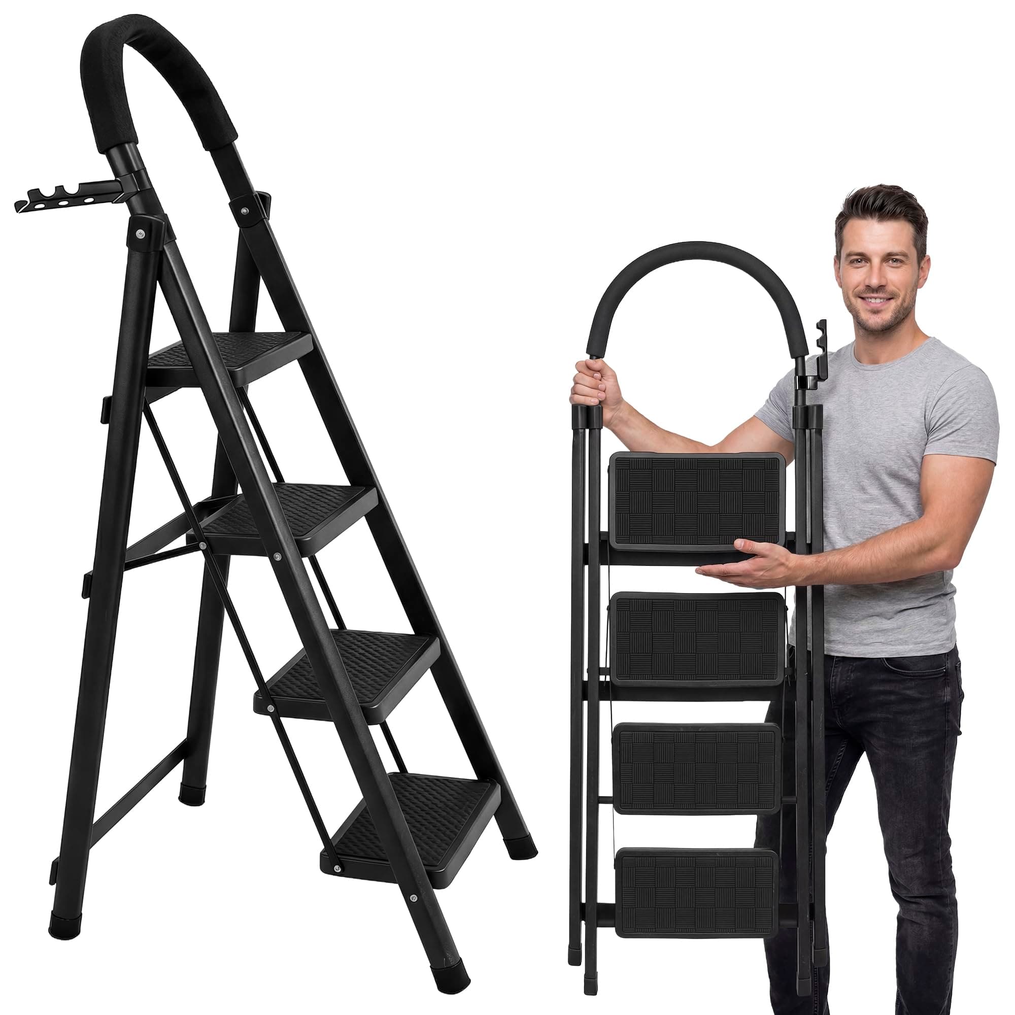 Raganet, Escalera de Tijera de 4 Peldaños, Escalera Tubular, Escalera Plegable Hecha de Acero