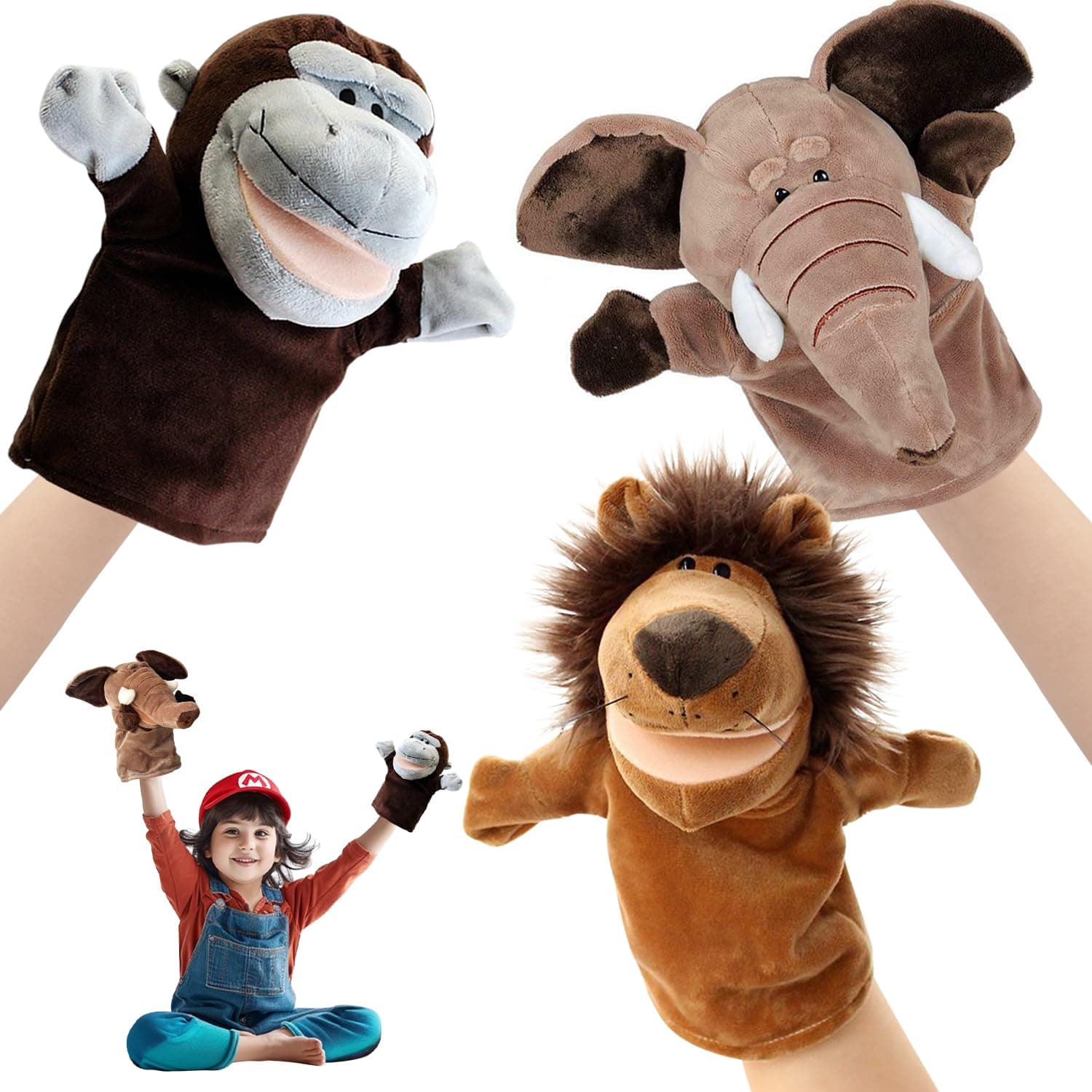 3 PCS Títeres de Mano para Niños, Marionetas de Mano de Animales de Peluches de Alta Calidad para