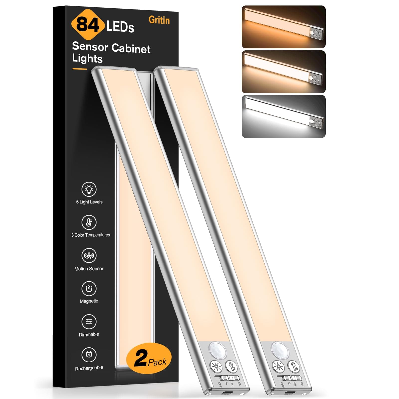 Gritin Luz de Armario Recargable, 26CM Superbrillantes Luces Cocina