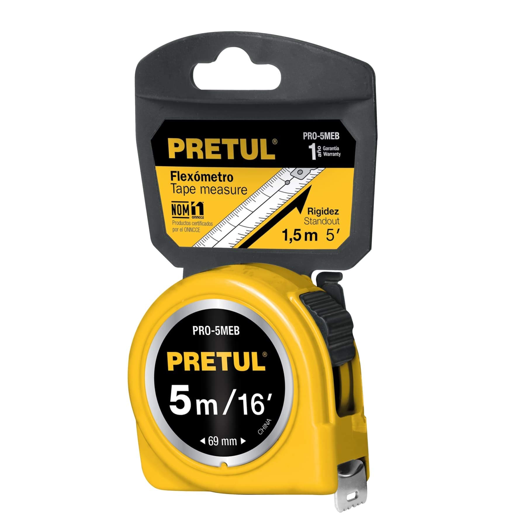 Pretul PRO-5MEB, Flexómetro, amarillo, 5m, cinta 19mm tarjeta plástica
