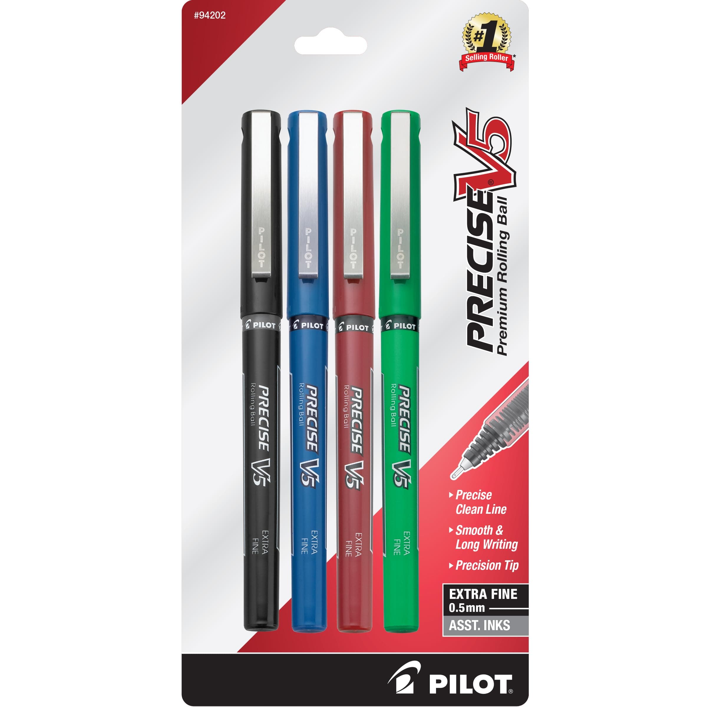 Pilot Precise V5, Roller, Tinta Líquida, 4 Piezas, Negro, Azul, Rojo, Verde (94202)