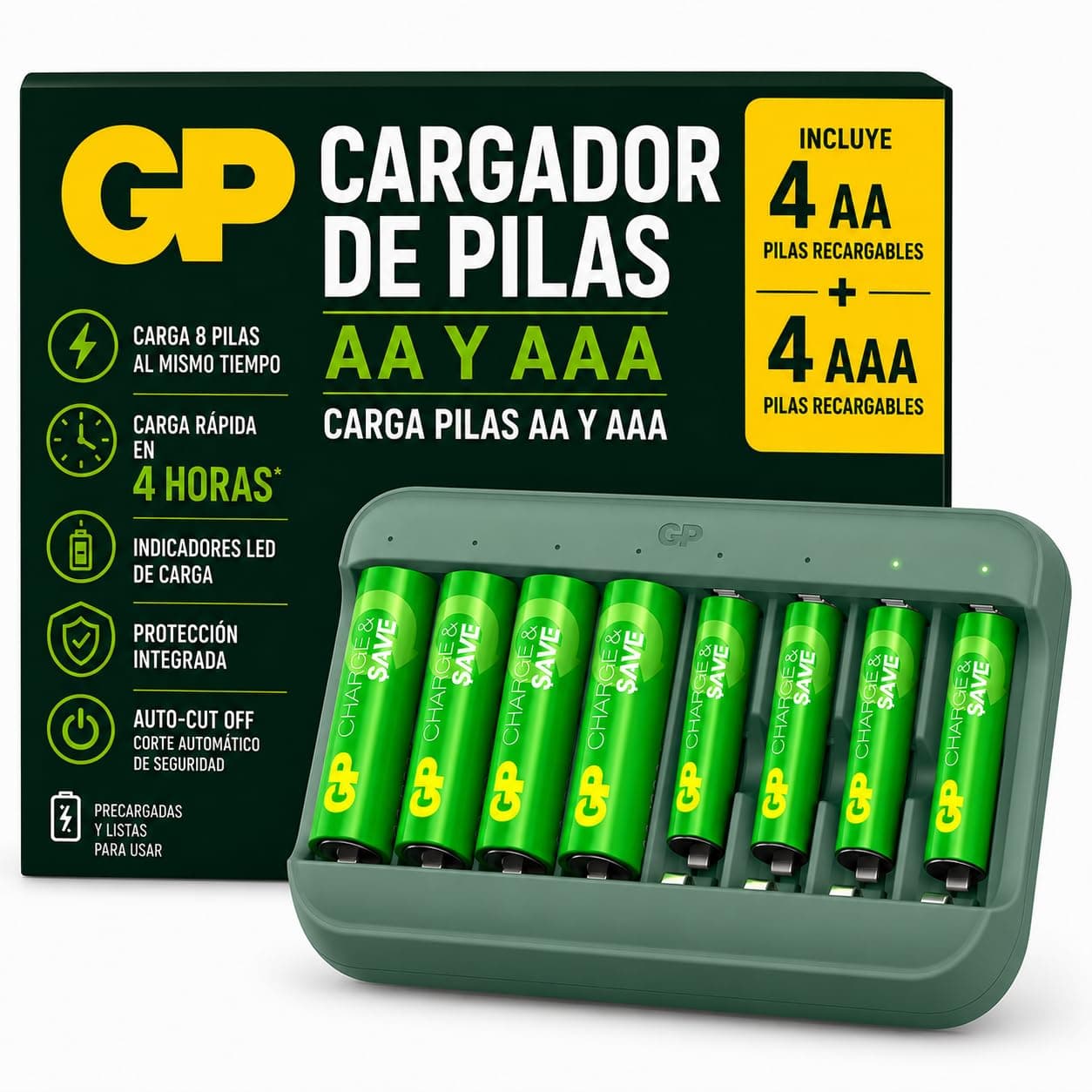 GP Cargador de Pilas Recargables AA y AAA