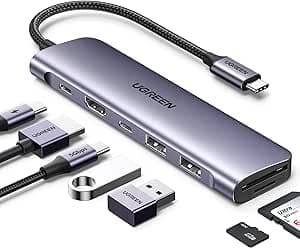 UGREEN HUB USB C, 7 en 1 Adaptador a HDMI 4K, USB C Puertos, 2 USB A 3.0, Lector Tarjeta SD TF