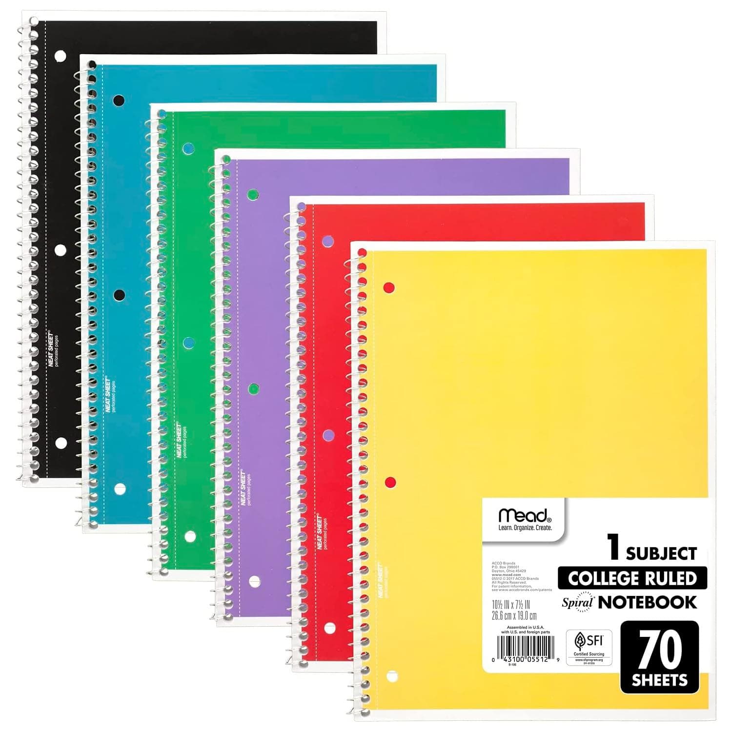 Mead Spiral Notebooks, 1 Subject, College Ruled Paper, 70 Sheets, 10-1/2" x 7-1/2", Assorted