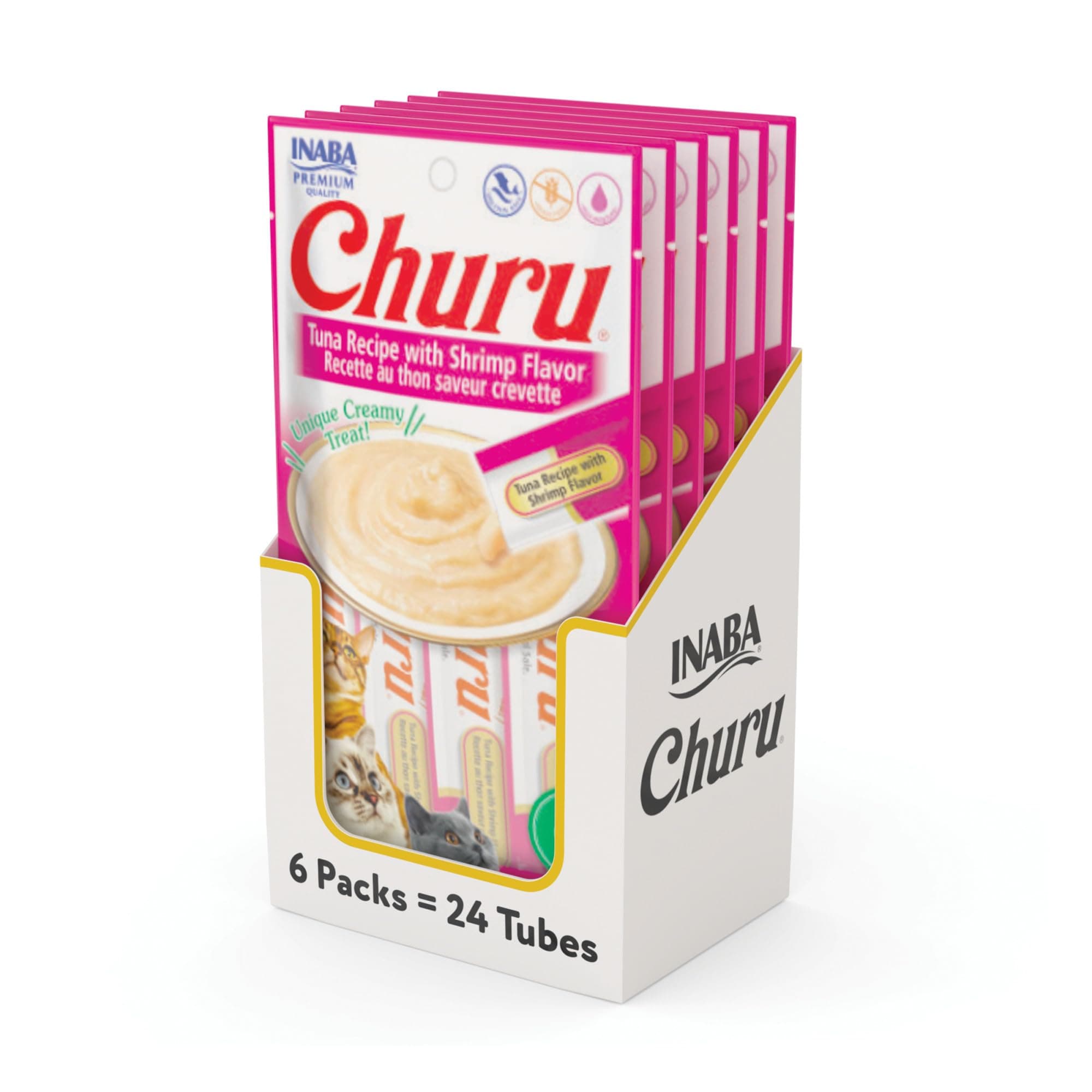 Churu Inaba, Premios Cremosos para Gato, Sabor Atún y Camarón, Bajo en Calorías, 24 Tubos de 14g