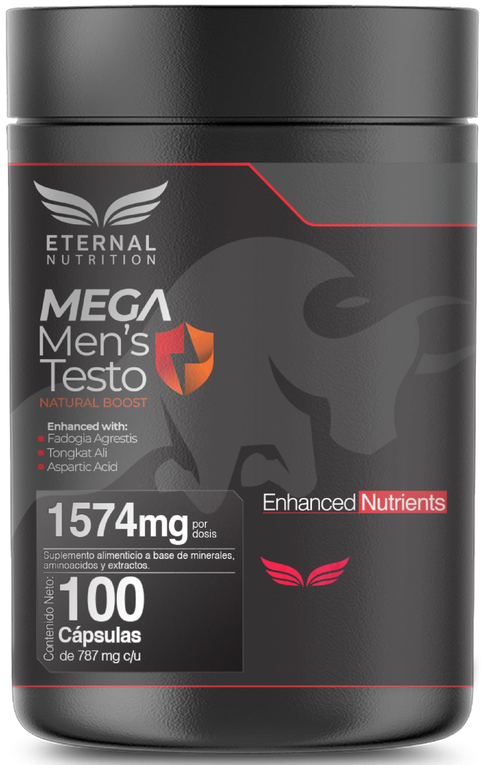 ETERNAL NUTRITION Mega Men's Testo: Tongkat Ali y Maca Negra (100 Caps)