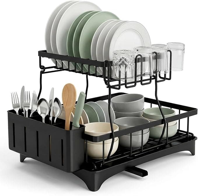 Raganet, Escurridor de Trastes Profesional 2 Niveles, Diseño de Acero Inoxidable Color Negro
