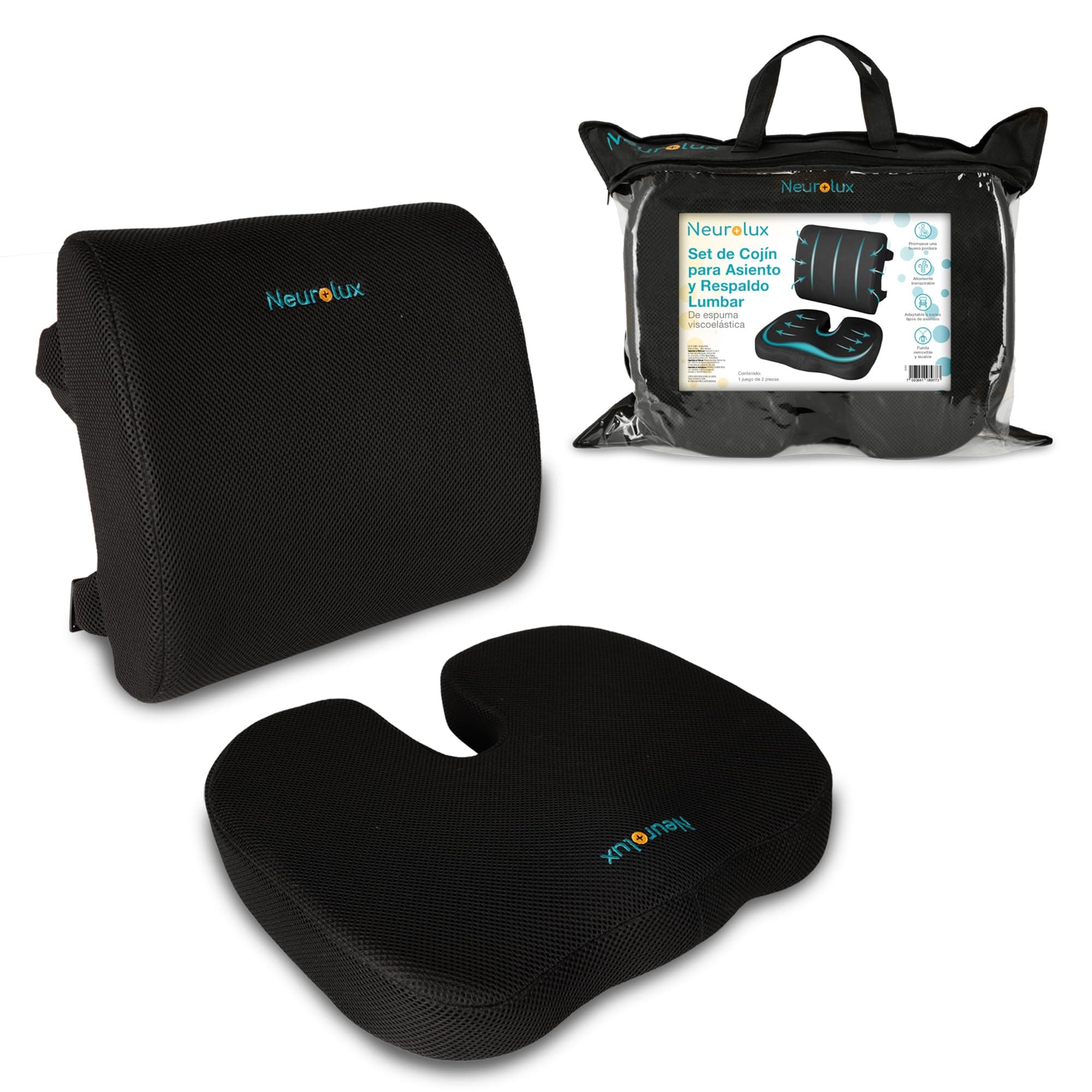 Neurolux Cojines para Coxis y Lumbar Memory Foam 2 Pzas Asiento y Respaldo