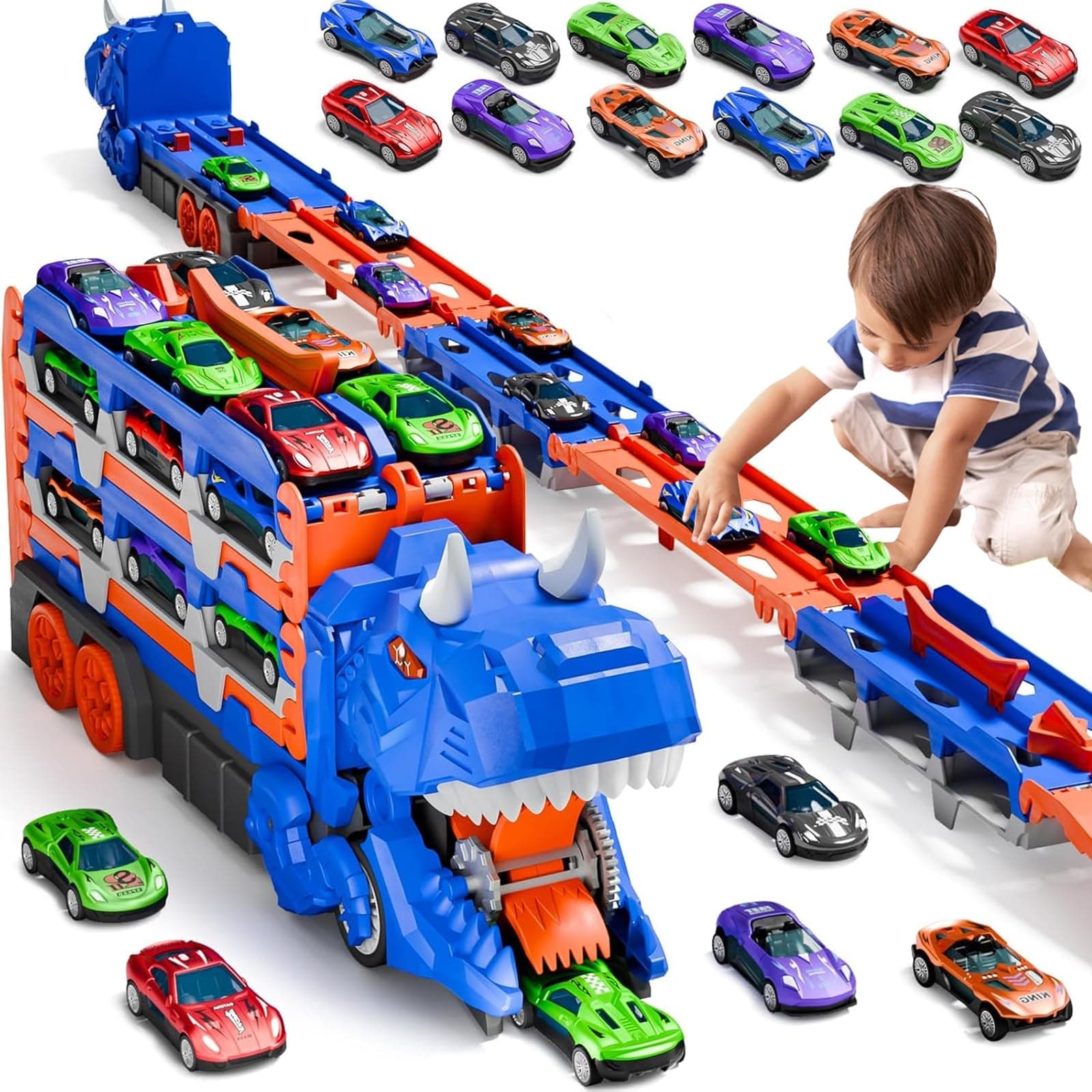 Dinosaurios de Juguetes, Camión de Juguete de Dinosaurios con 12 Coches, Plegable y transformable