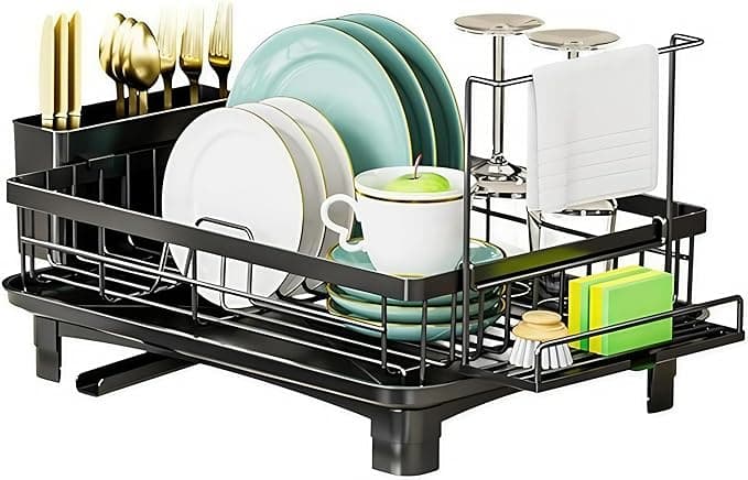 HAWOO Escurridor de Trastes Acero Inoxidable, Escurridor de Platos con Porta Esponja Fregadero Cocina, con Sistema de Drenaje Automático, Estantes Fregadero de Cocina Negro