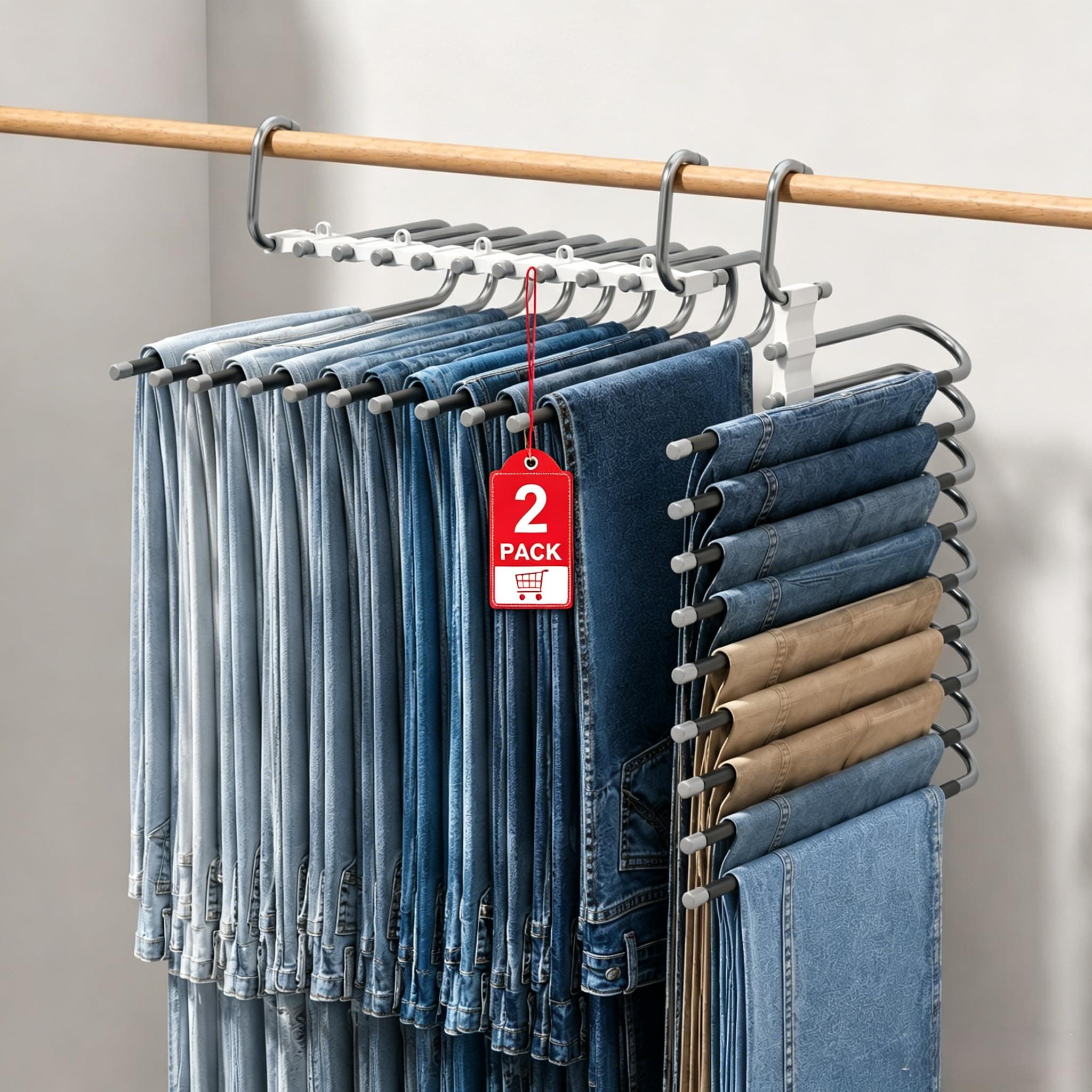 HOGESA 2PK Perchas para Pantalones de 9 Niveles Ahorrador Espacio Negro