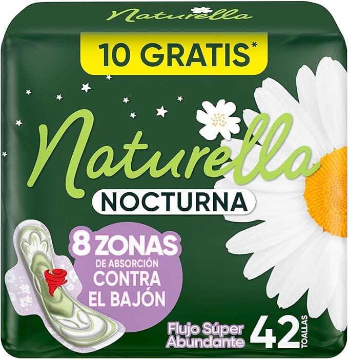 Naturella Nocturna, Toallas Femeninas, 42 Unidades, 8 Zonas de Absorción Contra el Bajón