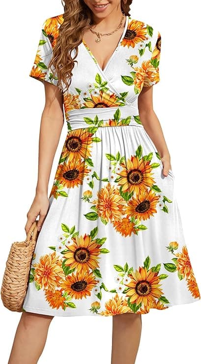 WEACZZY Vestidos de verano para mujer de manga corta, cuello en V, casual, estampado floral, vestido de fiesta con bolsillos, M