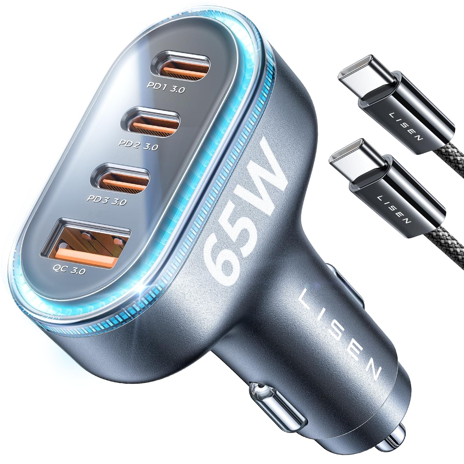 LISEN 65W Cargador para Auto con 3 Tipo C y 1 USB A Puerto
