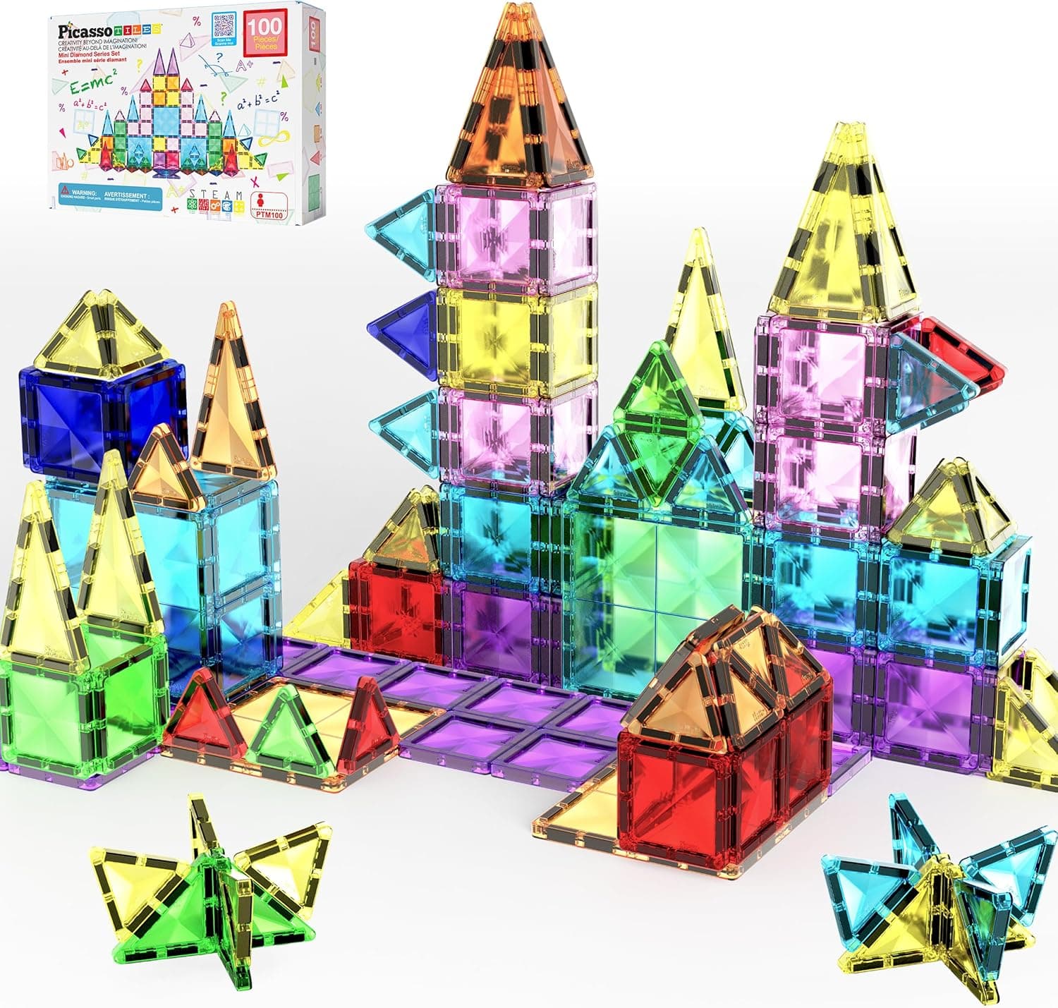 PicassoTiles - Juego de 100 Piezas de Mini Bloques magnéticos, Serie de Diamantes, Bloques de construcción con imán, Aprendizaje Stem, para niños a Partir de 3 años, PTM100