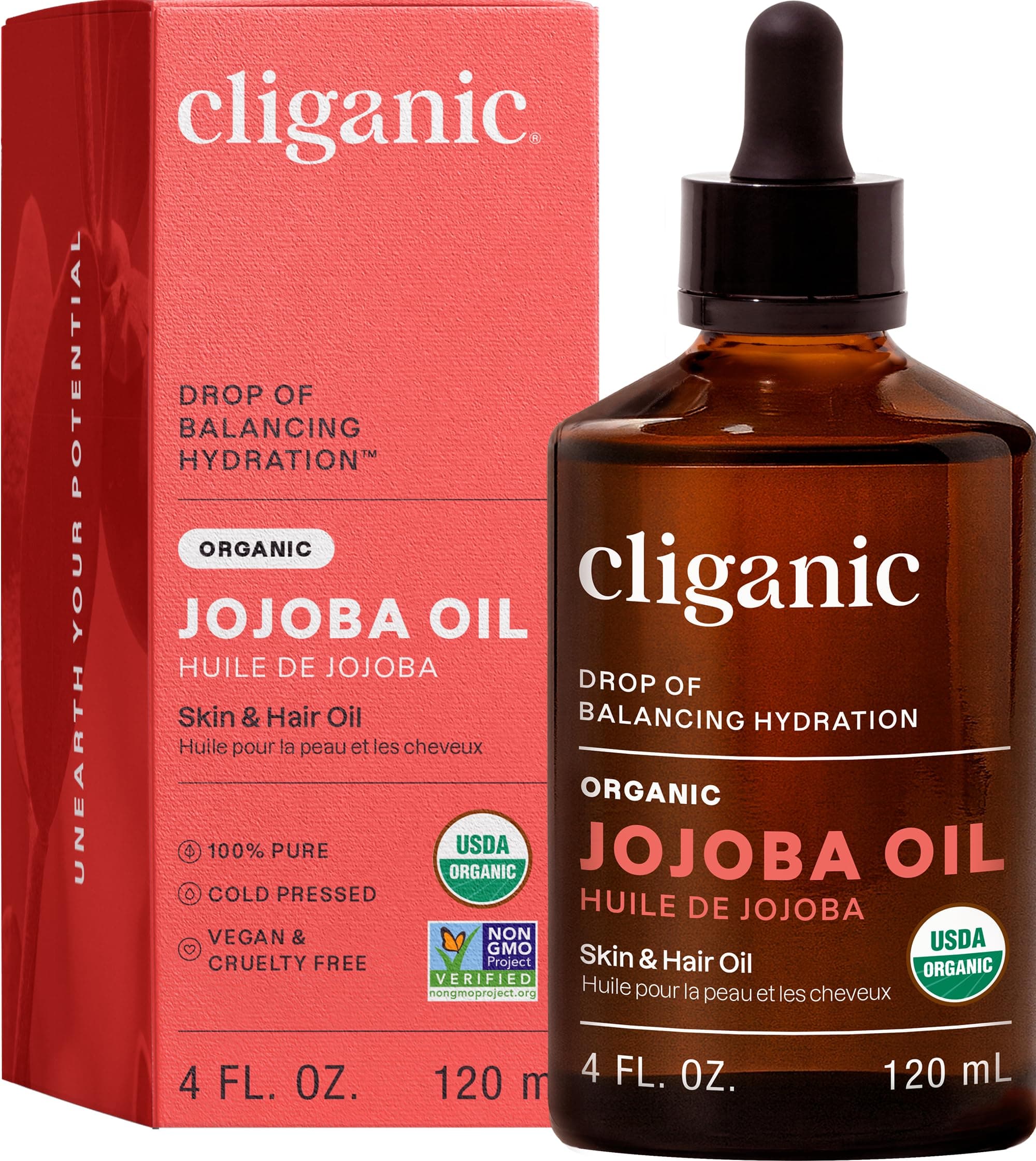 Cliganic | Aceite de Jojoba Orgánico | 100% Puro, Prensado en Frío | 120 ml (4 fl. oz.) | USDA
